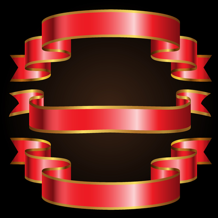 Red gold line ribbon set on black background vector illustration.のイラスト素材