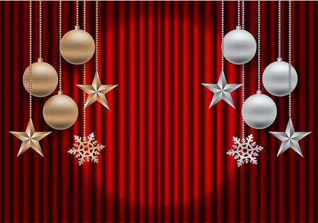 Gold silver ball stars and snowflake on red fabric satin curtain with spot light background. Design for Christmas and new year greeting cardのイラスト素材