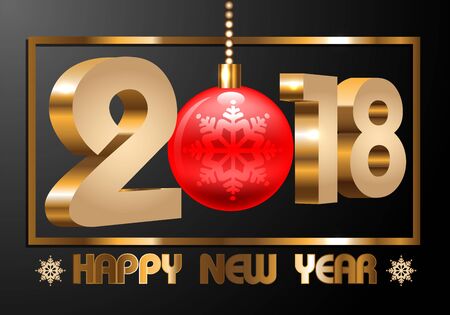 Happy New Year 2018 gold number frame text snowflake red Christmas ball.のイラスト素材