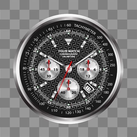 Realistic watch clock chronograph stainless steel black dial design luxury on checkered background vector illustration.のイラスト素材