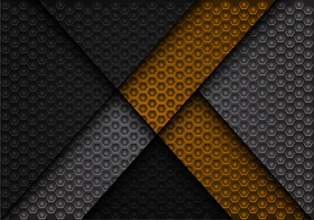 Abstract yellow arrow on dark gray hexagon pattern design luxury background texture vector illustration.のイラスト素材