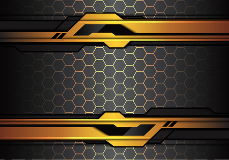 Abstract gold black line futuristic polygon on hexagon mesh pattern design modern technology background vector illustration.のイラスト素材