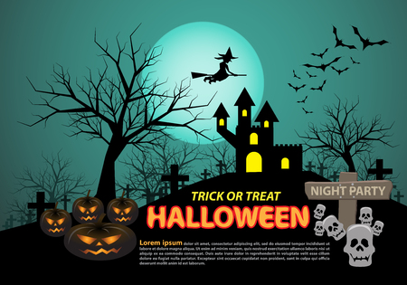 Happy halloween on green moon light night party holiday celebration festival vector illustration.のイラスト素材