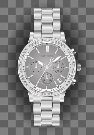 Realistic clock chronograph watch for men silver diamond grey face on checkered background luxury vector illustration.のイラスト素材