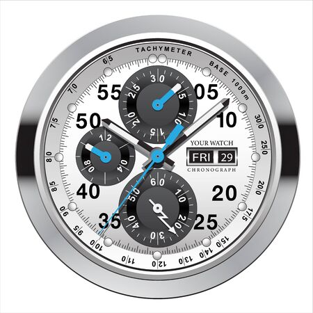 Realistic clock watch chronograph steel silver grey blue arrow black number isolated design luxury...