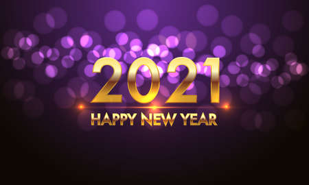 Happy New Year 2021 gold number and text on violet bokeh light effect black background design for holiday countdown festival celebration vector illustration.のイラスト素材