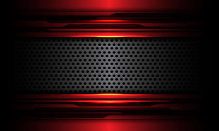 Abstract grey circle mesh metal banner overlap on red metallic black cyber circuit design modern futuristic technology background texture vector illustration.のイラスト素材