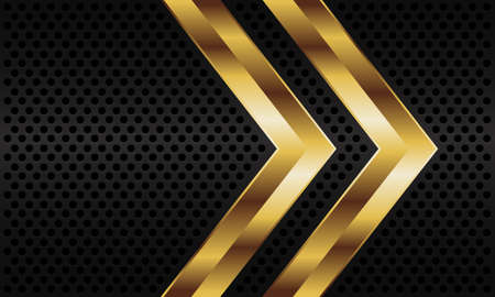 Abstract gold twin arrow direction on dark grey metallic circle mesh pattern design modern luxury futuristic background vector illustration.のイラスト素材