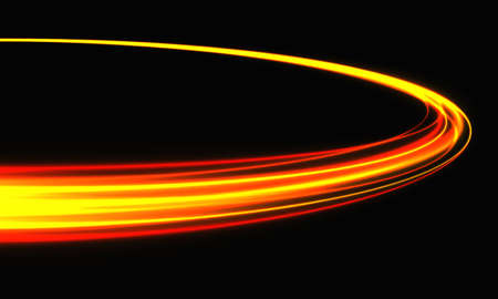 Abstract red yellow light curve high speed dynamic motion on black background vector illustration.のイラスト素材