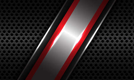 Abstract silver red line slash overlap on dark grey metallic circle mesh pattern design modern luxury futuristic technology background vector illustration.のイラスト素材