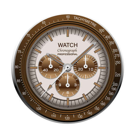 Realistic watch clock chronograph face stainless steel dial brown on white background vector illustration.のイラスト素材