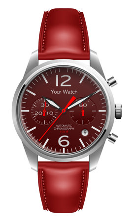 Realistic wristwatch chronograph silver red leather red arrow on black background design luxury...