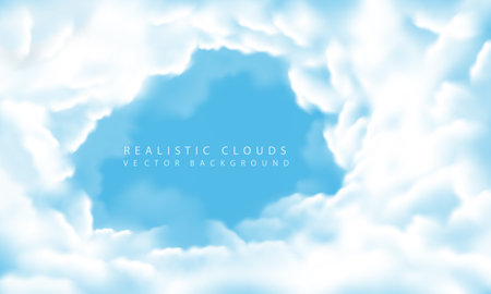 Realistic white cloud fog smoke on blue sky blank space background vector illustration.のイラスト素材