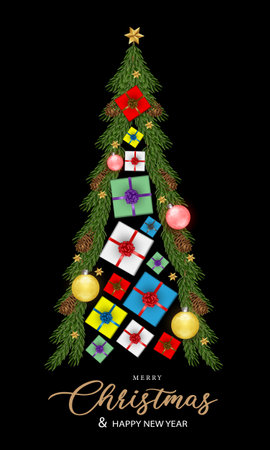 Merry Christmas and Happy New Year green pine leaf tree shape gold ball stars gift box on black design for holiday festival celebration background vector illustration.のイラスト素材