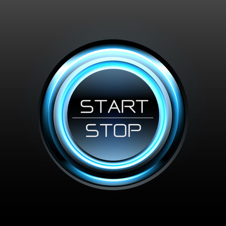 Start stop engine button blue light power on black design concept technology background vector...