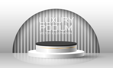 Realistic white black gold line 3d cylinder podium mockup with grey stripe pattern semi circle background design for products display stage showcase modern luxury background vector illustration.のイラスト素材