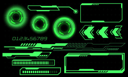 Set of HUD circle modern user interface elements design technology cyber green on black futuristic vector illustration.のイラスト素材