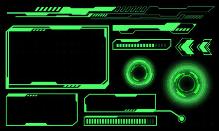 Set of HUD circle flame modern user interface elements design technology cyber green on black futuristic vector illustration.のイラスト素材