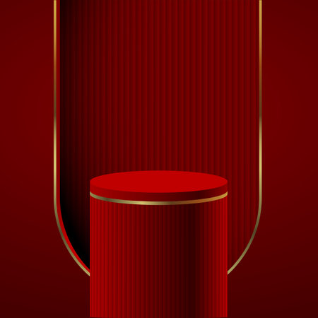 Realistic red golden 3D cylinder pedestal podium with black corrugated on window arch shape vector display illustration.のイラスト素材