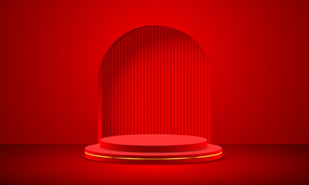 Realistic red gold 3D cylinder pedestal podium with black corrugated on window arch shape vector display illustration.のイラスト素材