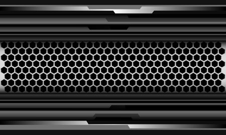 Abstract silver hexagon mesh black cyber geometric technology line banner design modern futuristic creative background vector illustration.のイラスト素材