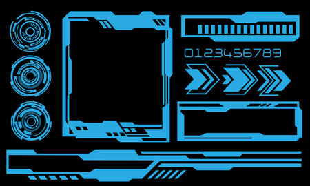 Set of HUD circle modern user interface elements design technology cyber blue on black futuristic vector illustration.のイラスト素材