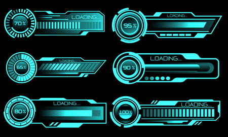 Set of HUD modern loading progress bars user interface elements design technology cyber blue on black futuristic vector illustration.のイラスト素材