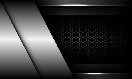 Abstract silver geometric overlap on dark grey metallic hexagon mesh design modern luxury futuristic background vector illustration.のイラスト素材