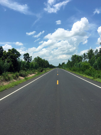 Image of new paved road in the daytime in the countryside painted yellow dividing line with trees,...