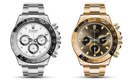 Realistic luxury clock watch chronograph silver gold collection on white background vector illustration.のイラスト素材
