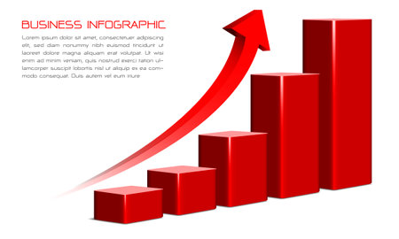 Vector of business red 3d infographic bar chart with arrow curve direction data report presentation on white background illustration.のイラスト素材