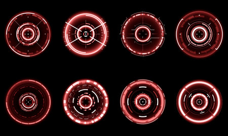 Set of sci fi red white circle user interface elements technology futuristic design modern creative on black background vector illustration.のイラスト素材