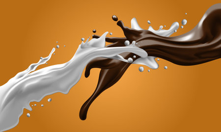 Milk and chocolate splashes dynamic flow mixed on yellow background vector illustration.のイラスト素材