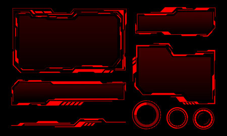 Hud frames red user interface elements design modern technology futuristic control panel screen digital hologram window gaming menu touching cyber monitor set on black background vector illustration.のイラスト素材