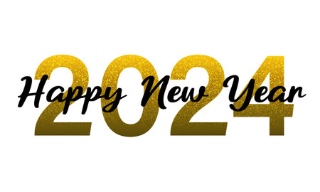 Happy New Year 2024 golden number black text on white design for holiday countdown festival...