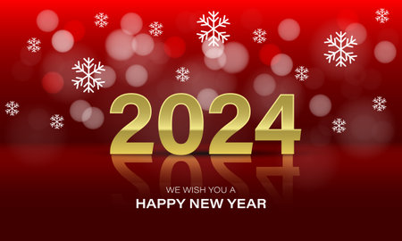 Happy New Year 2024 golden number white snow fake bokeh blur on blue luxury design for holiday...