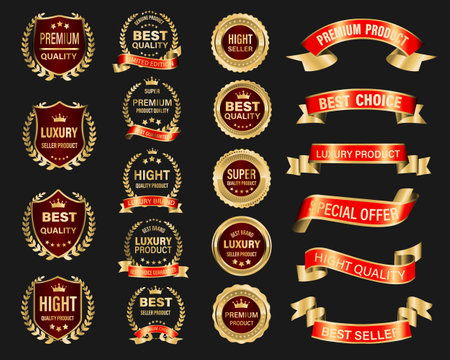 Golden red luxury premium quality label badges on grey background vector illustration.	のイラスト素材