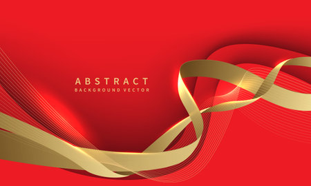 Abstract luxury gold ribbon line wave curve on red design modern background vector illustration.のイラスト素材