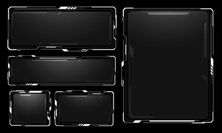 HUD frames white grey user interface elements design modern technology futuristic control panel screen digital hologram window gaming menu touching cyber monitor set on black background vector illustration.のイラスト素材