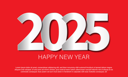 Happy New Year 2025 white paper number on red for countdown festival celebration background vector illustration.のイラスト素材