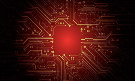 Abstract yellow circuit board technology connected lines electronics elements computer motherboard chip processor semiconductor digital on red background vector illustration.のイラスト素材