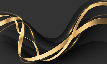 Abstract gold ribbon curve overlap on black luxury background vector illustration.のイラスト素材
