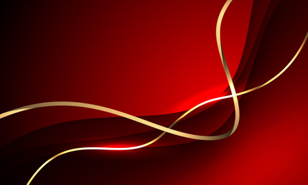Abstract gold ribbon curve overlap on red luxury background vector illustration.のイラスト素材