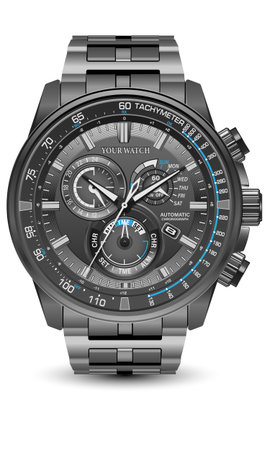 Realistic watch clock chronograph black steel blue line white number face for men design luxury on white background vector illustration.のイラスト素材