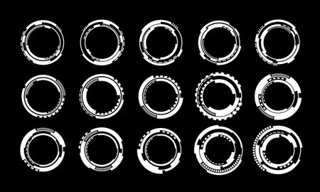 Set of sci fi white circle user interface elements technology futuristic design modern creative on black background vector illustration.のイラスト素材