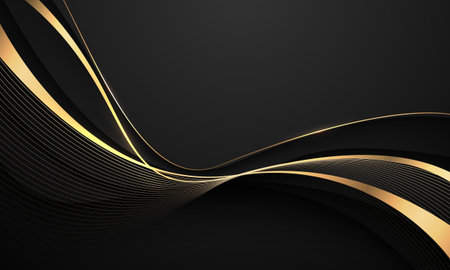 Abstract grey wave gold ribbon curve on black luxury background vector illustration.のイラスト素材