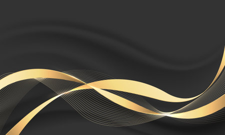 Abstract grey wave gold ribbon curve on black luxury background vector illustration.のイラスト素材