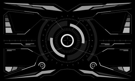 HUD sci-fi interface screen view white circular geometric design virtual futuristic technology creative display on black vector illustration.のイラスト素材