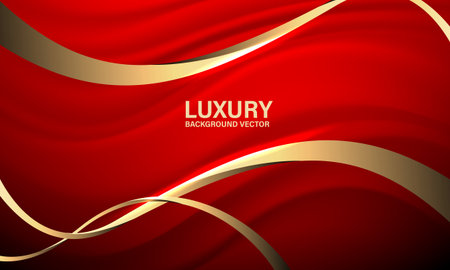 Abstract wave gold ribbon curve on red luxury background vector illustration.のイラスト素材