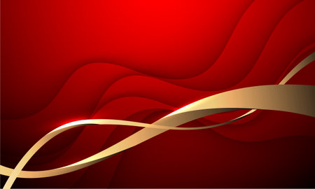 Abstract wave gold ribbon curve on red design modern luxury background vector illustration.のイラスト素材